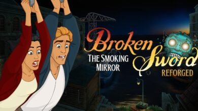 Two characters hanging from ropes with expressions of fear, with the game title 'Broken Sword The Smoking Mirror Reforged' and a skull graphic.