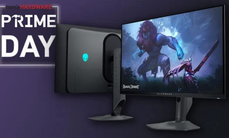 Alienware gaming monitors displayed with 'Prime Day' and 'Tom's Hardware' branding.
