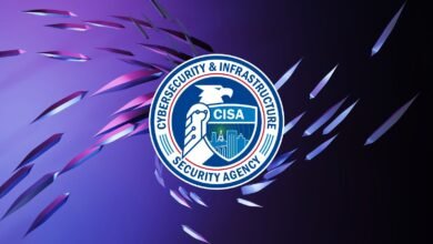 CISA logo with a shield, eagle, and cityscape, set against a purple and black background with abstract shapes.