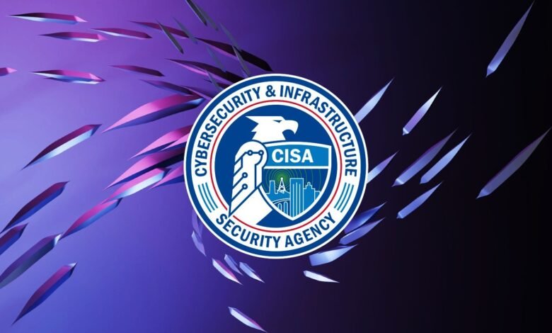 CISA logo with a shield, eagle, and cityscape, set against a purple and black background with abstract shapes.