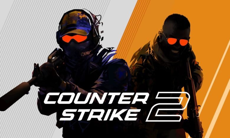 Two Counter-Strike 2 characters with glowing orange goggles and guns, text overlay.