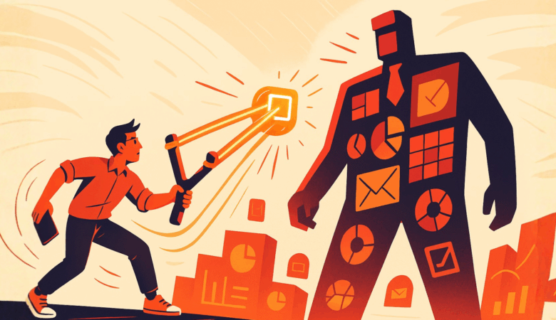 Man with slingshot aiming at a giant figure made of data charts and icons.