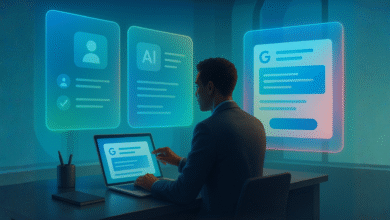 Man in suit using laptop with AI and Google interfaces displayed on screens