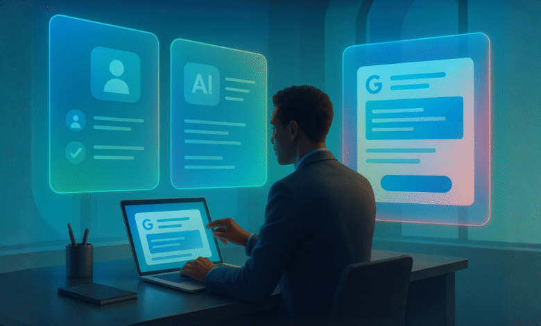 Man in suit using laptop with AI and Google interfaces displayed on screens