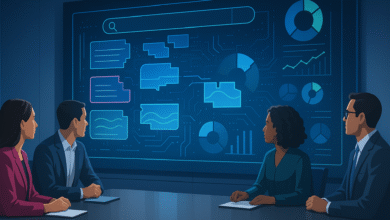 Business professionals analyze data on a large screen displaying charts and search bars.