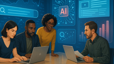 Diverse team collaborating around laptops with AI and data visualizations on screen.