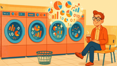 Man with coffee watching data charts emerge from washing machines.