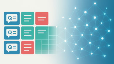 Graphic showing question marks in speech bubbles and network nodes connected by lines.