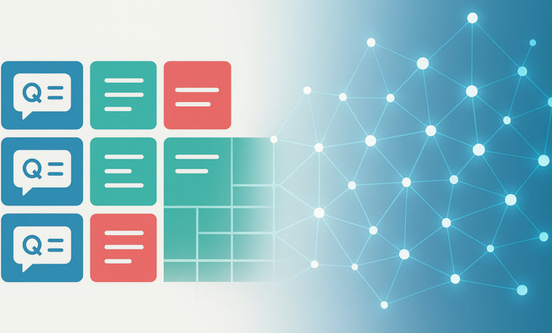 Graphic showing question marks in speech bubbles and network nodes connected by lines.