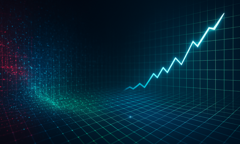 A bright blue line graph shows a sharp upward trend against a dark grid background.
