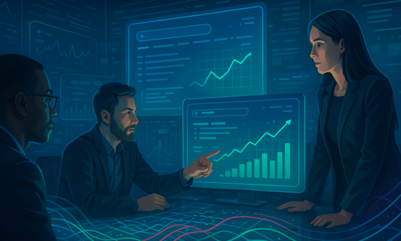Three professionals analyzing financial data on glowing blue screens.