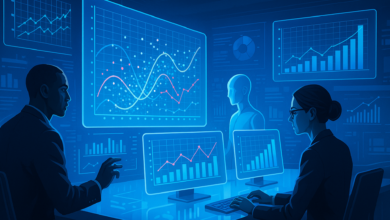 Two professionals analyze data on glowing blue screens displaying charts and graphs.