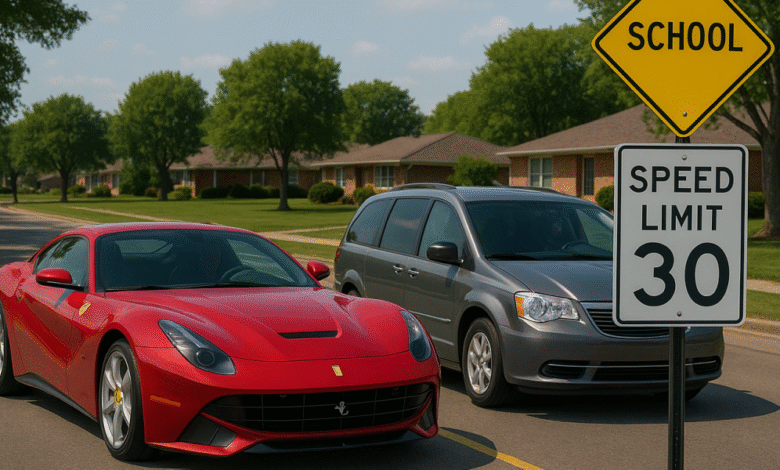 A red Ferrari sports car and a gray minivan parked on a suburban street near a school speed limit sign.