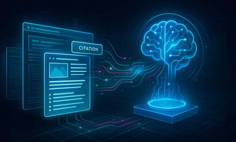 Digital illustration of a glowing blue brain connected to digital documents and the word CITATION.