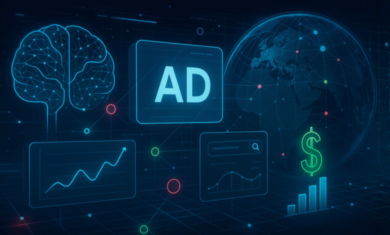 Digital illustration of a glowing brain, 'AD' sign, global network, and financial charts.