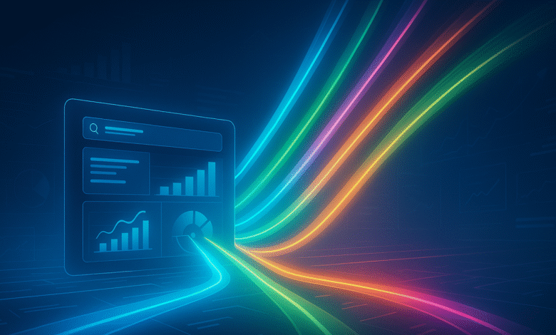 Digital dashboard displaying charts and graphs with colorful data streams flowing out.