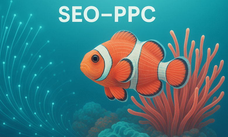 A vibrant clownfish swims near an anemone with digital network lines in the background.