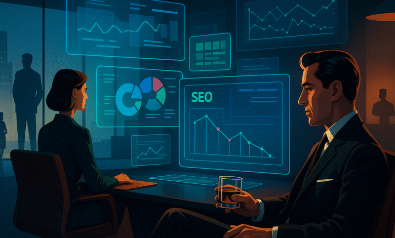 Business professionals analyzing SEO data on futuristic screens in a modern office.