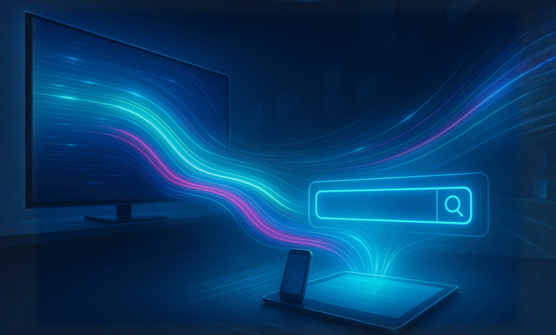 Digital interface with a search bar and glowing data streams connecting devices.