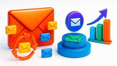 3D icons of envelopes, a circular arrow, and a bar graph with an upward trend.