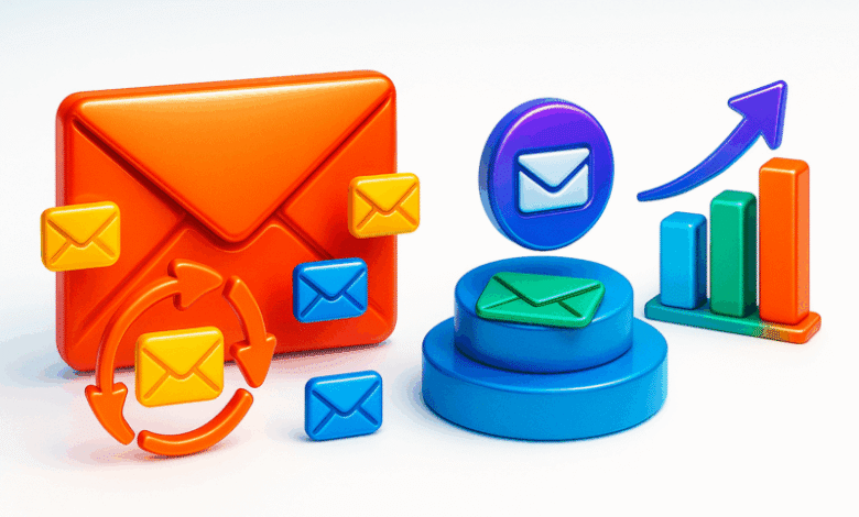 3D icons of envelopes, a circular arrow, and a bar graph with an upward trend.