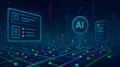 Digital interface showing AI, search bar, and data lists against a futuristic network background.