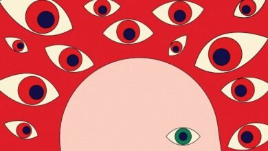 Stylized illustration of many red eyes with dark blue pupils surrounding a pale pink head, with one green eye visible.