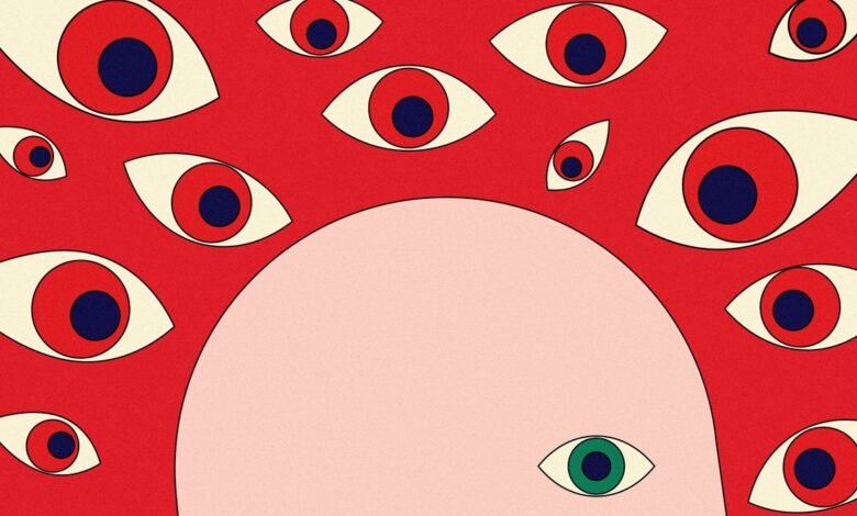 Stylized illustration of many red eyes with dark blue pupils surrounding a pale pink head, with one green eye visible.