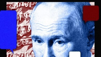 Close-up of Vladimir Putin's face with speech bubbles and text.