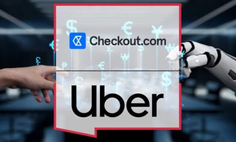 Checkout.com and Uber logos with a human hand and robot hand reaching towards each other.
