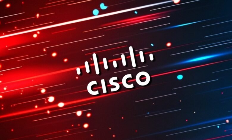 Cisco logo with a dynamic, abstract background of red and blue light streaks.