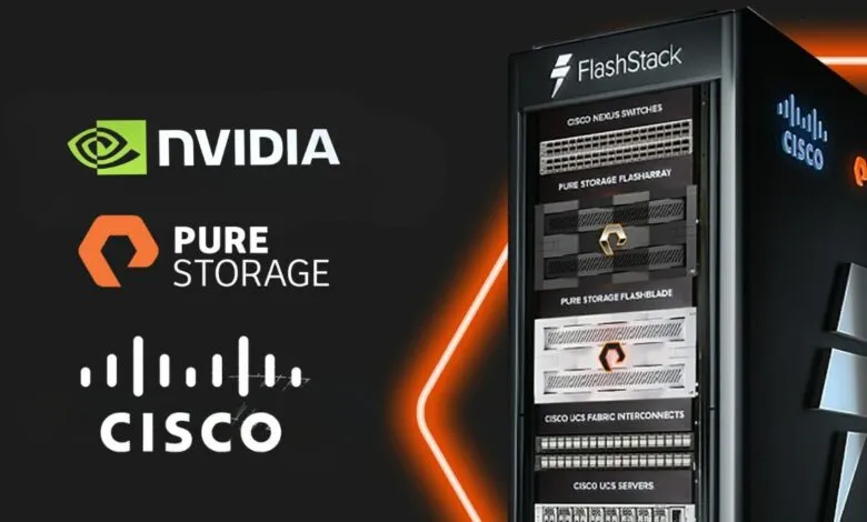 Logos of NVIDIA, Pure Storage, and Cisco alongside a FlashStack server rack.