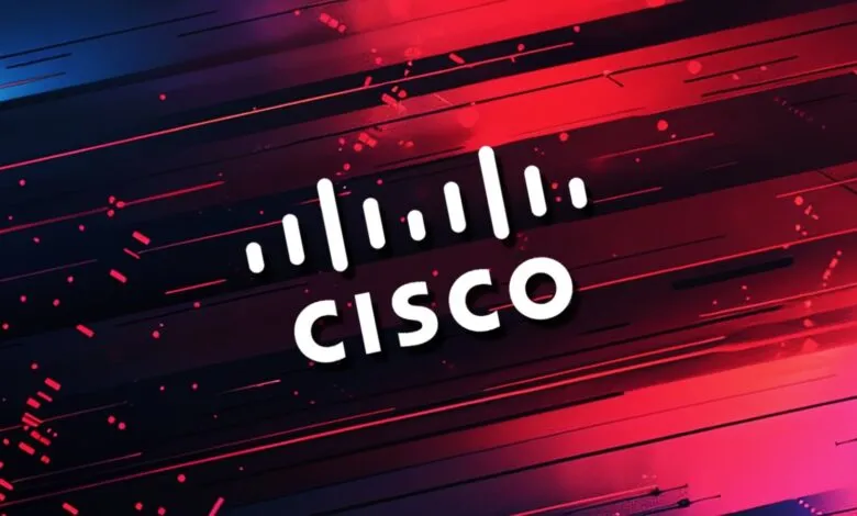 Cisco logo with a dynamic, abstract background of red and blue lines.
