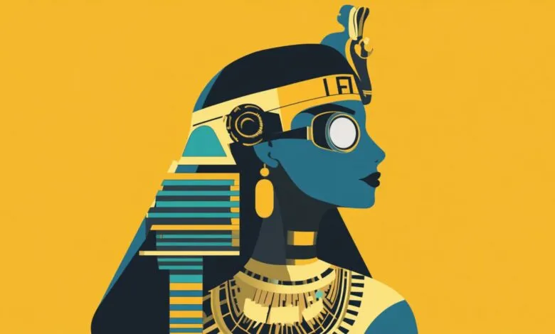 Stylized portrait of Cleopatra in profile, wearing Egyptian headdress and goggles.