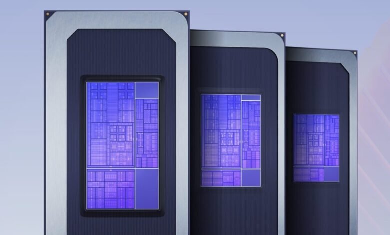 Close-up of three computer processors with intricate blue circuitry.