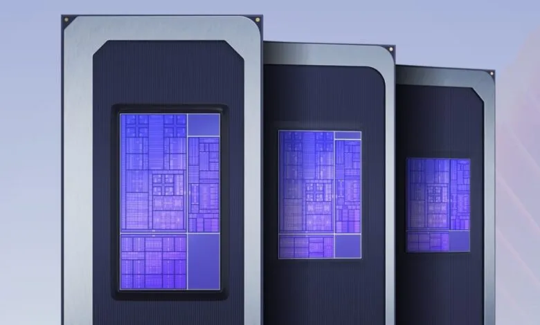 Close-up of three computer processors with intricate blue circuitry.