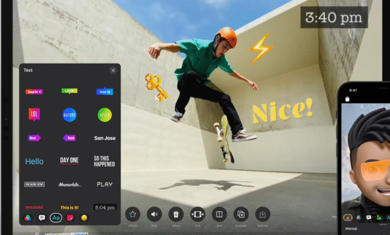 Skateboarder mid-air with editing tools overlay on a tablet screen.