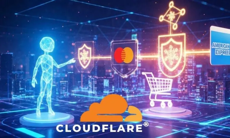 Holographic figure interacting with digital security shields and payment logos.