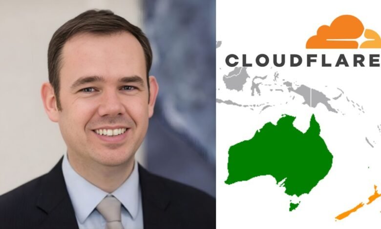 Portrait of Pat Breen, Cloudflare's VP for Australia & New Zealand, next to a map.