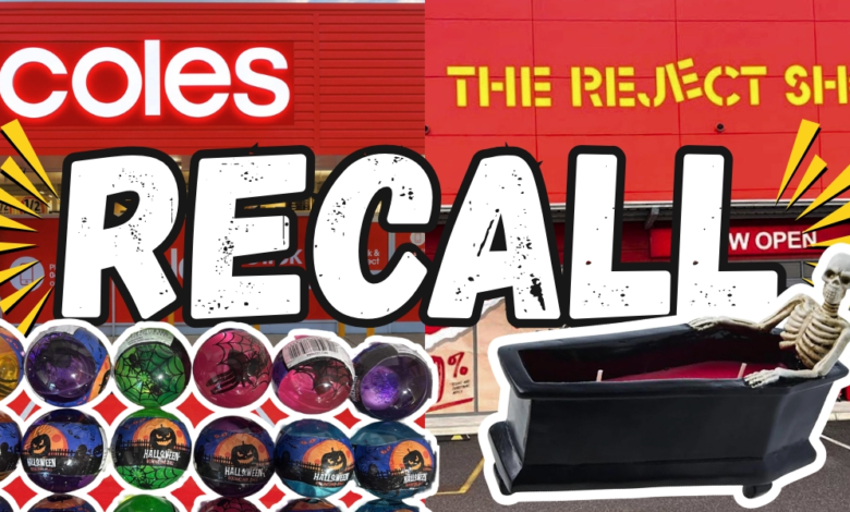 Coles and The Reject Shop storefronts with Halloween decorations and the word RECALL overlaid.
