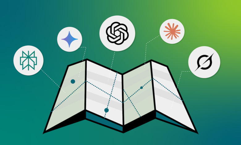 A folded map with various technology logos connected by dotted lines.
