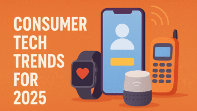 Illustration of consumer tech devices including a smartwatch, smartphone, smart speaker, and retro phone.