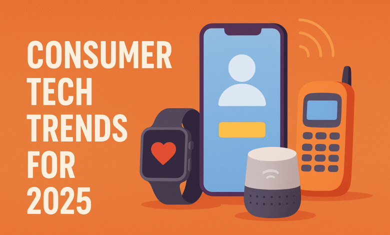 Illustration of consumer tech devices including a smartwatch, smartphone, smart speaker, and retro phone.
