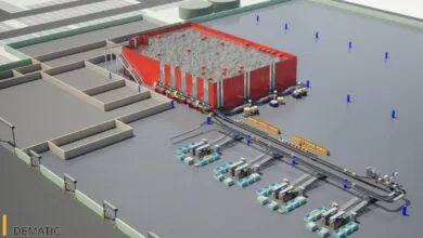 3D rendering of a modern automated warehouse with conveyor belts and storage systems.