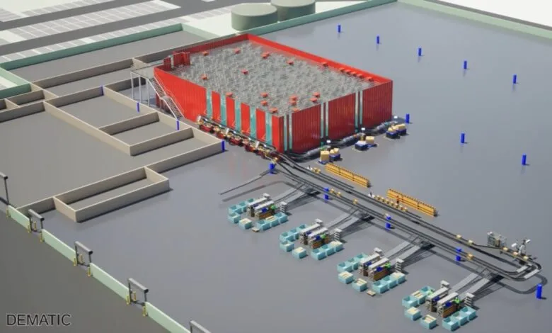 3D rendering of a modern automated warehouse with conveyor belts and storage systems.