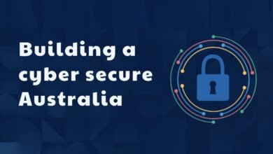 A blue padlock icon within a circular network graphic, with text 'Building a cyber secure Australia'.