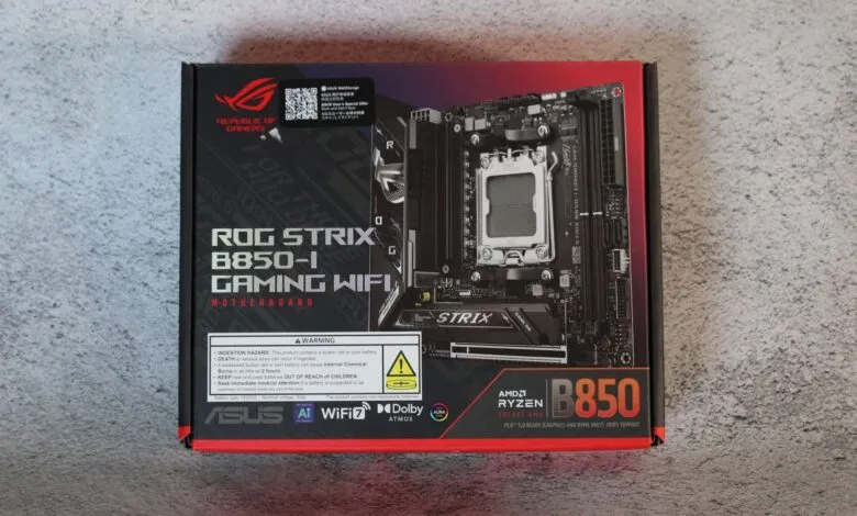 ASUS ROG Strix B850-I Gaming WiFi motherboard box with motherboard visible