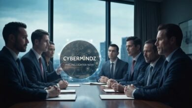 Business professionals in a meeting, with a holographic globe displaying 'CYBERMINZ' and 'FEELING LIGHTER NOW'.