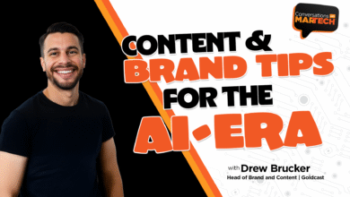 Drew Brucker smiles, with text overlay about content and brand tips for the AI era.