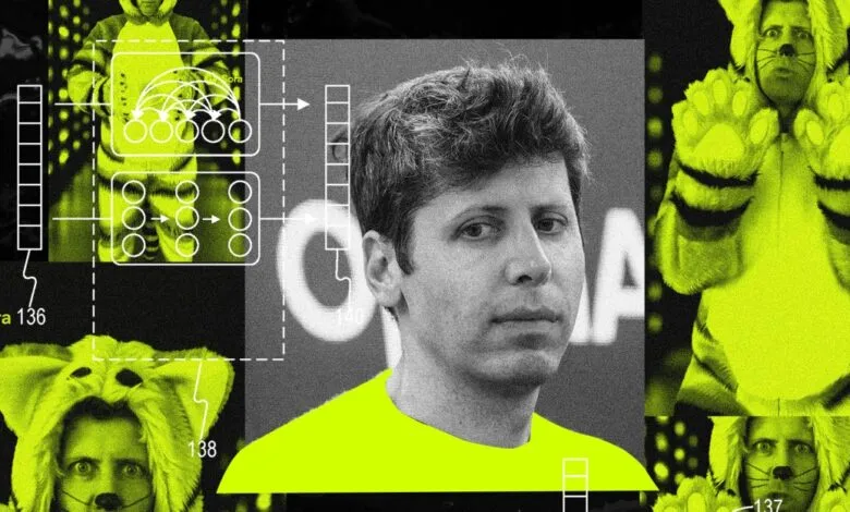 Portrait of Sam Altman with AI neural network diagrams and people in tiger costumes.